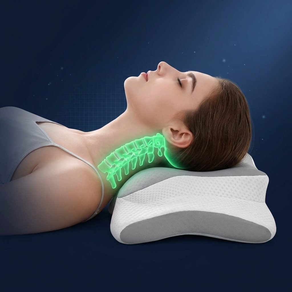 La almohada plana deja caer el cuello. Esta lo sujeta por debajo.